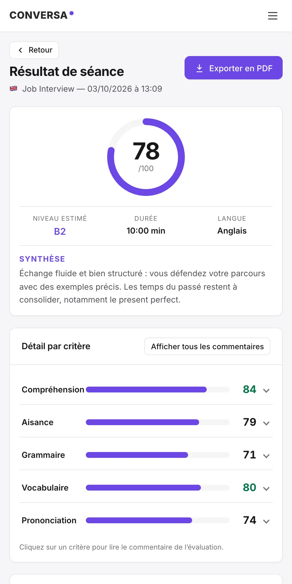 Ce que voit l’apprenant sur son téléphone : le résultat de sa séance, score et compétences (données de démonstration).